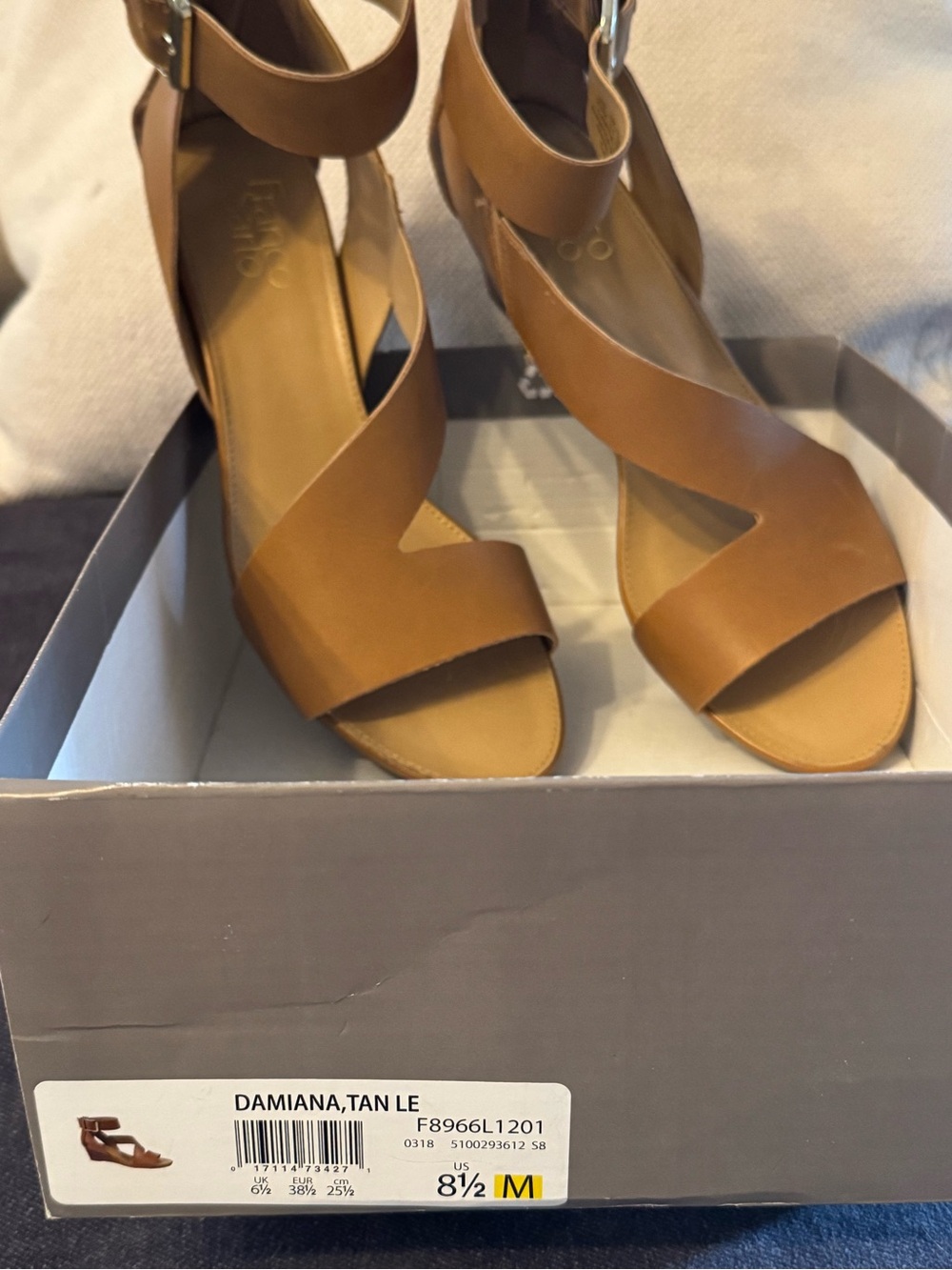 Franco Sarto Damiana Tan Leather Ankle-Strap wedge Sandals